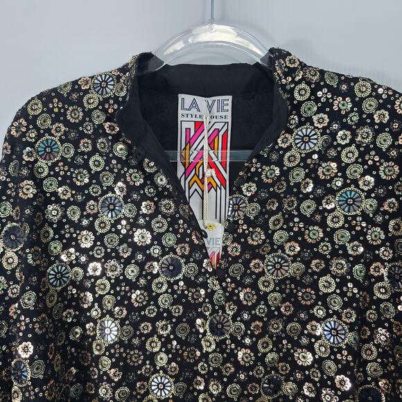 La Vie Style House Gold Deco Sequin Caftan Black Flared Sleeve Mini OSFM NWT - Picture 6 of 13